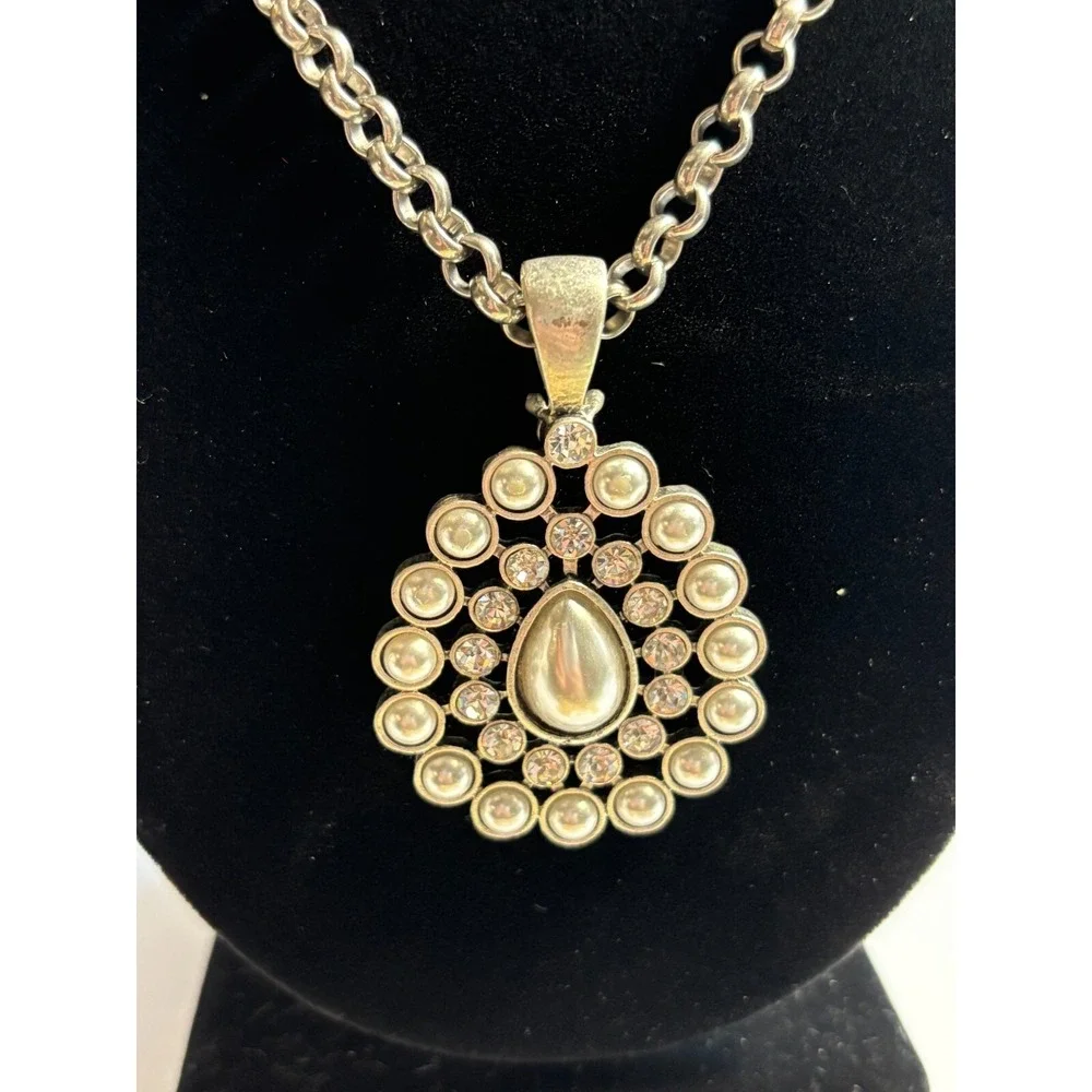 Pendant Necklace Silver Tone Faux Pearl Chunky Maximalist Boho Design‎